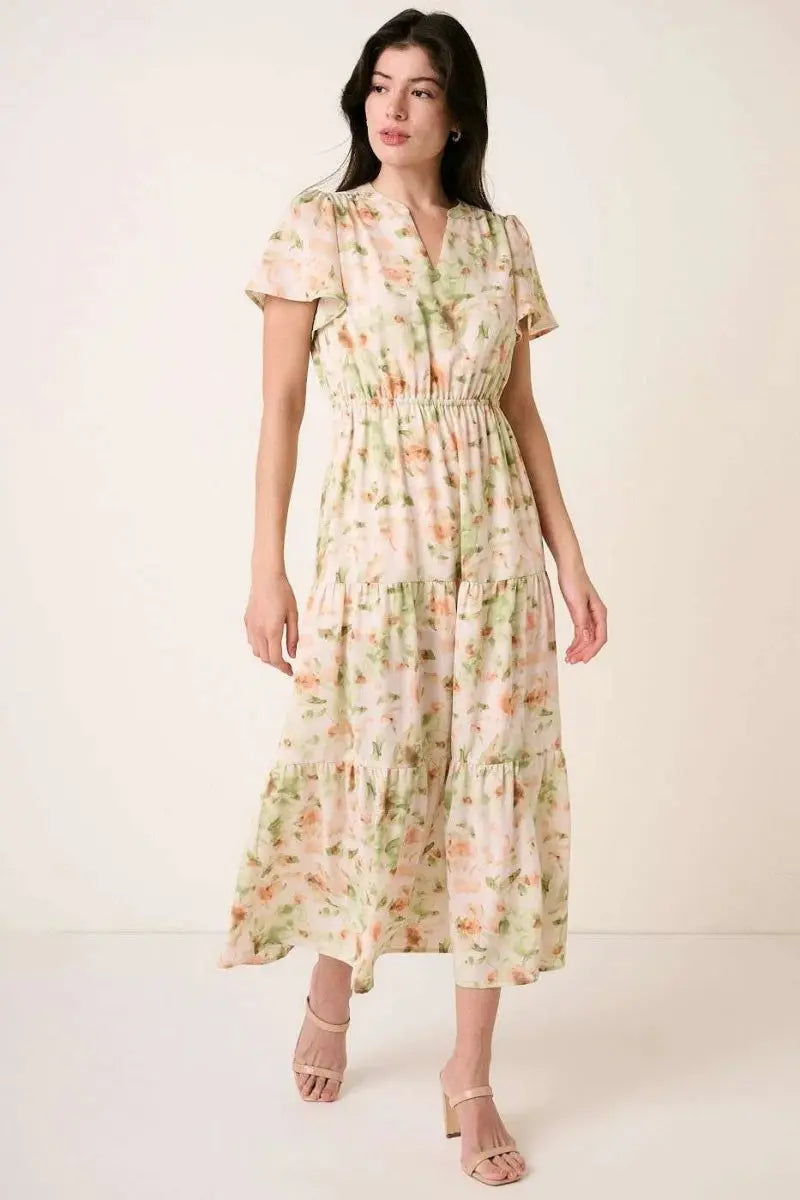 Mittoshop Flower Print Flutter Sleeve V Slit Maxi Dress - Love Salve